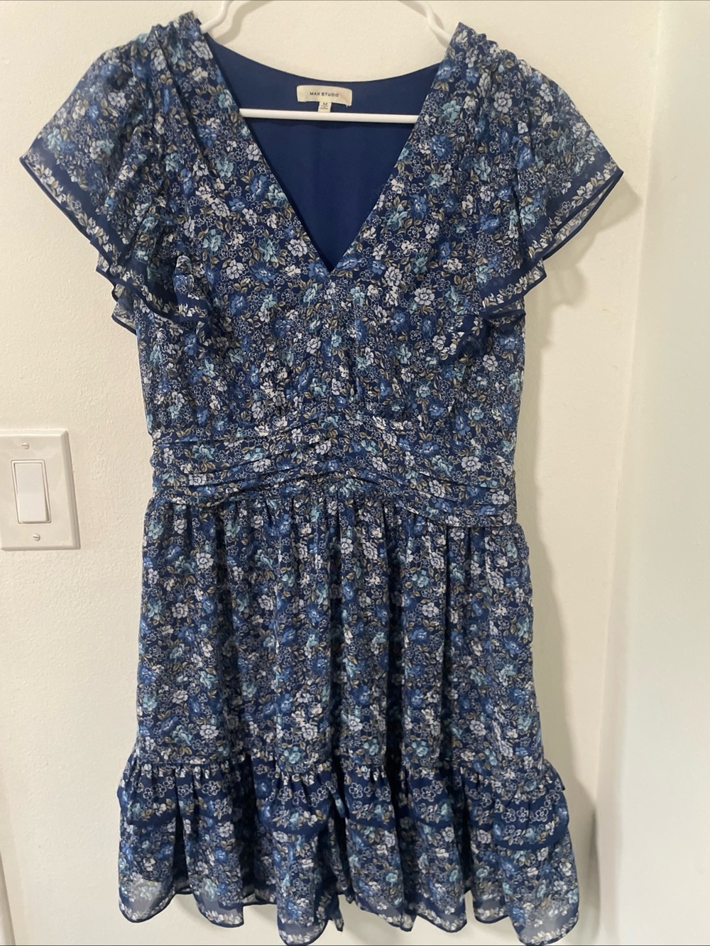 Max Studio Navy and Blue Floral V-Neck Dress